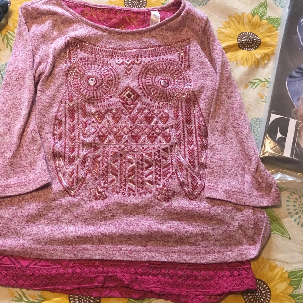 Little girls knit works, size 7/7x owl top!